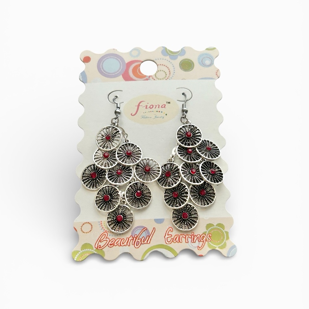NWT Fiona Silver Tone Red Rhinestone Chandelier Earrings Boho Statement